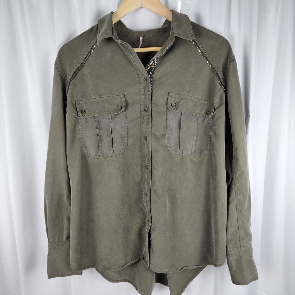 Free People Army Green Off Campus Button Front Long Sleeve Top Size Medium